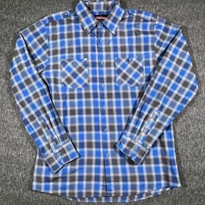 No Retreat Mens Long Sleeve Plaid Button Up Shirt Blue Gray Size L